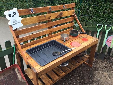 Wood, plastic and stainless steel; Mud Kitchen inspiration made from wooden pallets | Mud ...