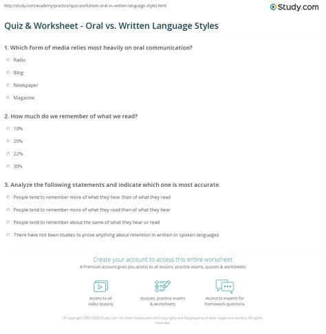 Quiz And Worksheet Oral Vs Written Language Styles