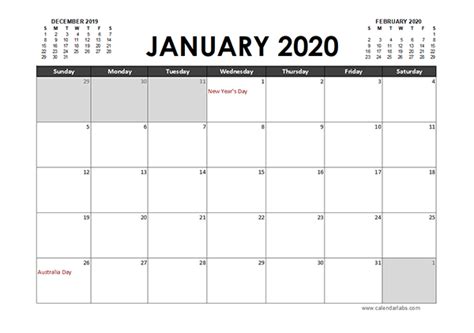 2020 Excel Calendar Planner Australia Free Printable Templates