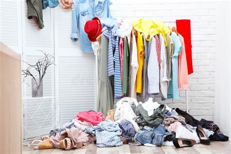Messy Dressing Room Interior With Clothes Stock Image Image Of Brick