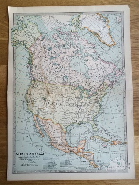 1903 North America Original Large Antique Map Wall Map Home Decor