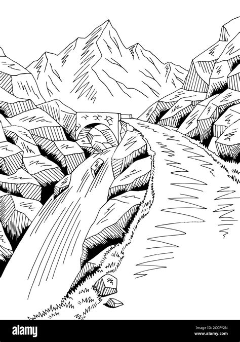 Mountain Road Bridge Graphic Black White River Waterfall Landscape