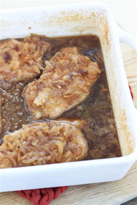Vegetables and pork chops are cooked and seasoned with onion soup mix. French Onion Pork Chops | Bake Your Day