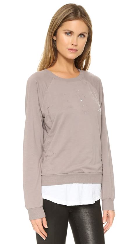 Lyst Monrow Distressed Double Layer Sweatshirt Fawn In Pink