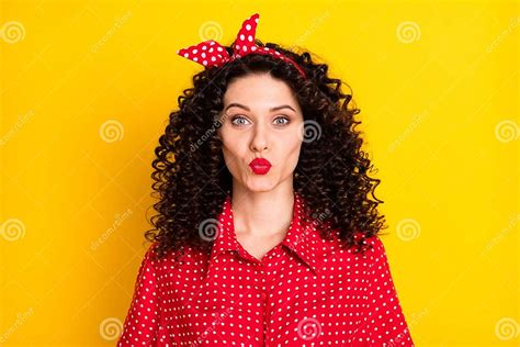 Portrait Of Nice Optimistic Brunette Curly Hair Lady Blow Kiss Wear Red