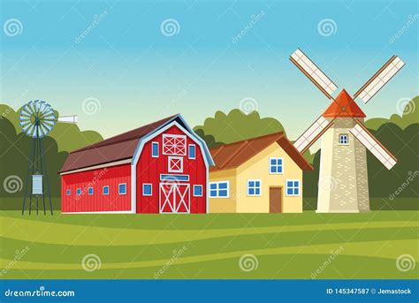 Farm Barn And Windmill Wind Turbine Stock Vector Illustration Of
