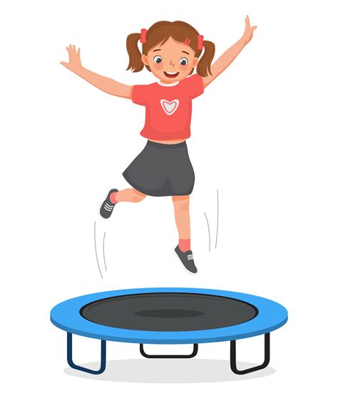 Happy Little Girl Jumping On A Trampoline Having Fun Playing Outdoor