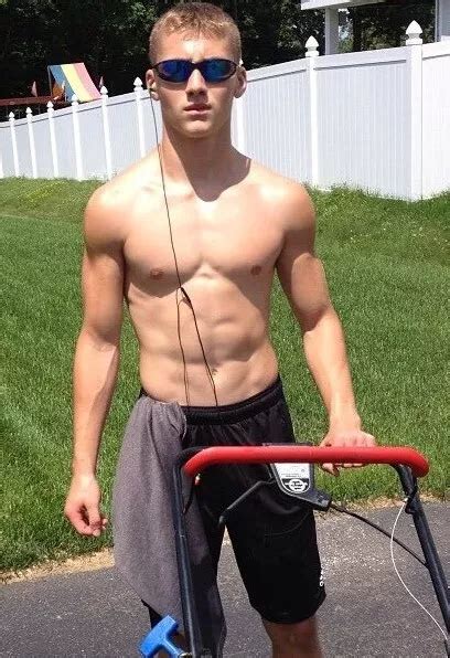 Shirtless Male Muscular Summer Lawn Care Mowing Hunk Bare Chest Photo