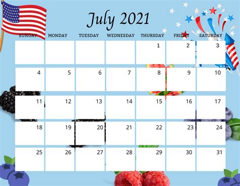 July 2021 Calendar Cute Summer Berry Printable Summer Design Wall