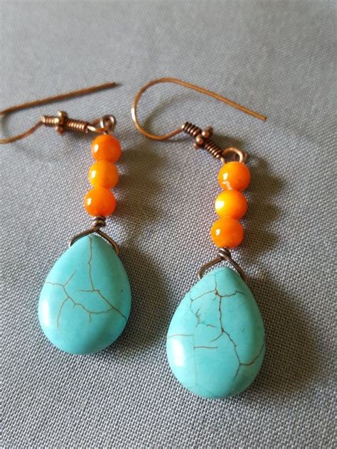 Turquoise Teardrops Orange Mother Of Pearl Rounds Earrings Etsy