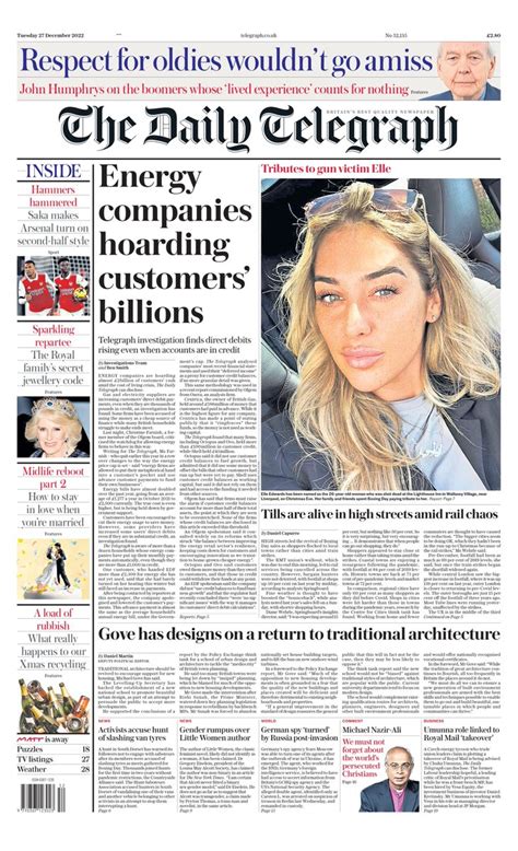 Daily Telegraph Front Page 27th Of December 2022 Tomorrow S Papers Today