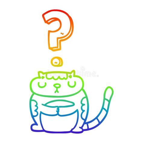 a creative rainbow gradient line drawing cartoon cat with question mark stock vector