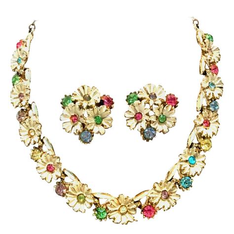 20th Century Trifari Style Gold Enamel Crystal Flower Necklace And