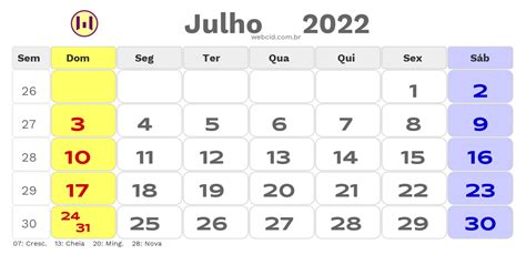Calendário De Julho De 2022 Com Feriados Nacionais Fases Da Lua E Datas
