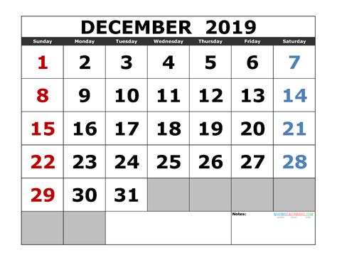 Printable December 2019 Calendar Template Landscape Format Free