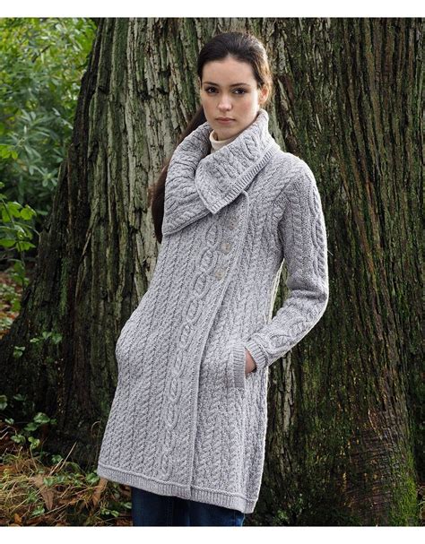 aran style large collar coat irish knitwear aran coatigan irish handcrafts aran sweater merino