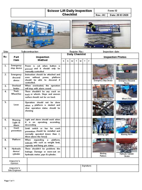 Form 162 Scissor Lift Daily Inspection Checklist Pdf Vehicle