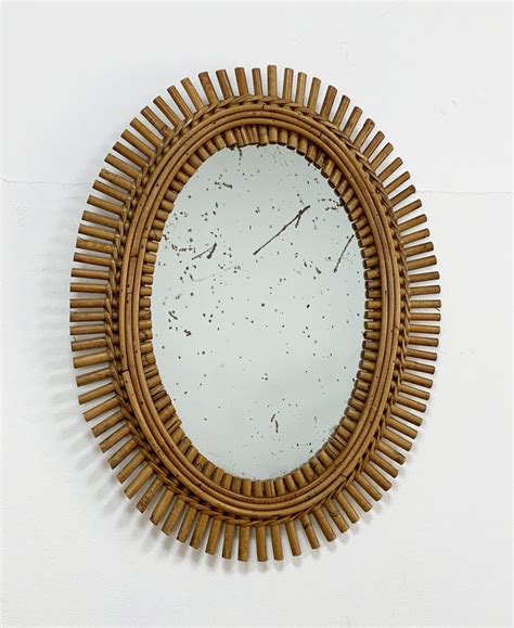French Riviera Oval Wall Mirror In Bamboo And Rattan 1960s Midcentury
