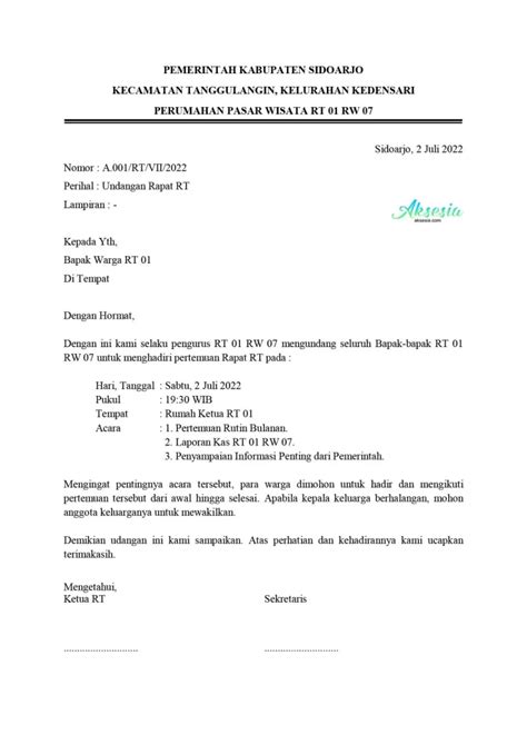 Contoh Surat Undangan Rapat RT RW Sederhana Word Doc Pdf