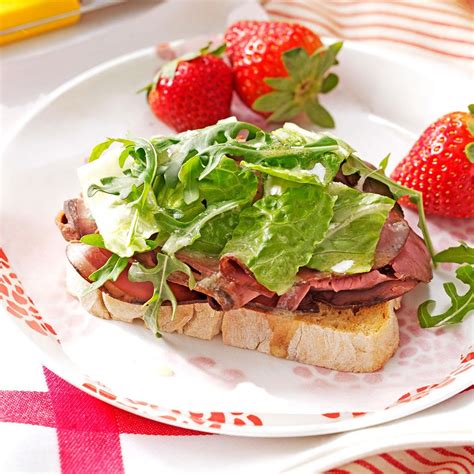 Roast beef sandwiches have been a boston specialty since the 1950s, served on an onion roll with horseradish, and a fast food variation is sold at chains like arby's. Open-Faced Roast Beef Sandwiches Recipe | Taste of Home