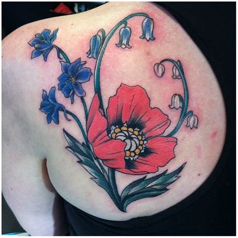 Maybe you would like to learn more about one of these? Poppy, larkspur, and lily of the valley tattoo | Flower ...