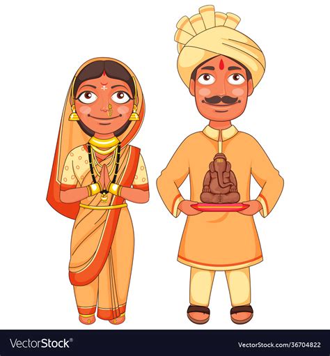 Maharashtrian Couple In Traditional Dress Holding Vector Image