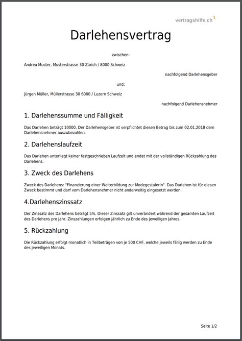 Schweizer Darlehensvertrag Gratis Als Pdf Online Erstellen