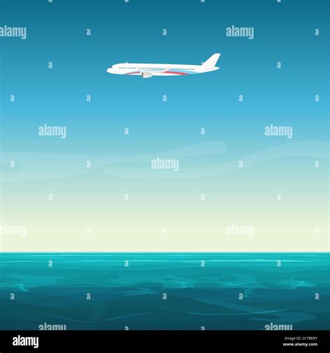 Aircraft Airplane In The Empty Sky Under Ocean Sea Cartoon Vector