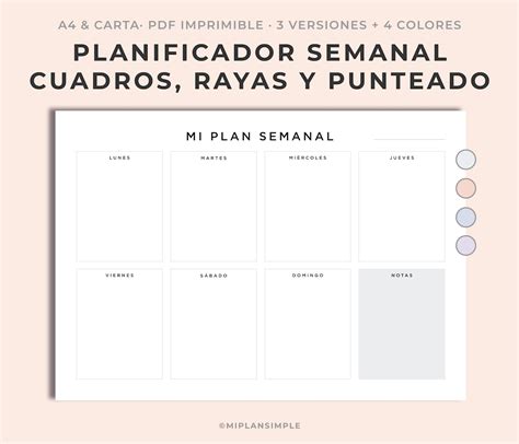 Planificador Semanal Colores Pdf Para Imprimir Carta Y A Weekly Planner Spanish Miplansimple