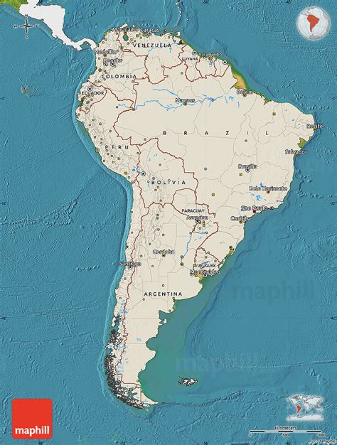 Shaded Relief Map Of South America Single Color Outside Satellite Sea