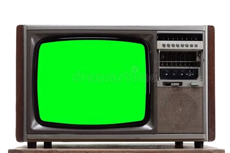Vintage Tv Old Retro Tv With Green Screen Isolated On White Stock