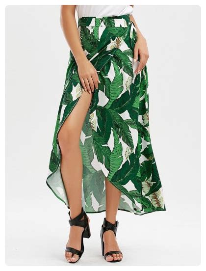 Leaf Tropical Print Wrap Skirt Green Casual Skirt Outfits White