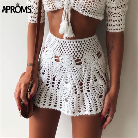 Aproms Candy Color Handmade Cotton Knitted Crochet Mini Skirts Women