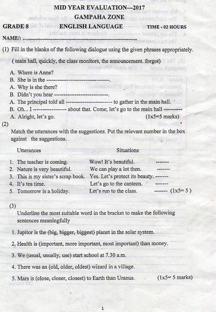 Bestseller: Grade 7 English Exam Papers Sri Lanka