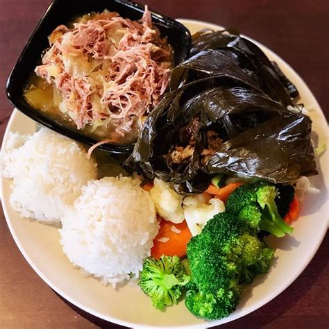 Nothing like a tasty Hawaiian plate lunch  lau lau kalua pork with