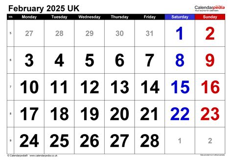 Calendar February 2025 Uk With Excel Word And Pdf Templates