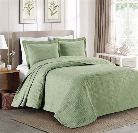 Queen Cal King Bed Sage Green Plaid Oversized 3 Pc Quilt Set Coverlet