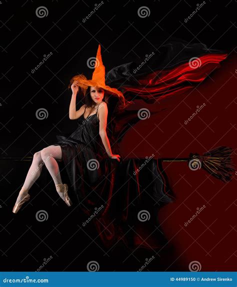 Halloween Witch On Broom Stock Photo Image Of Dress 44989150