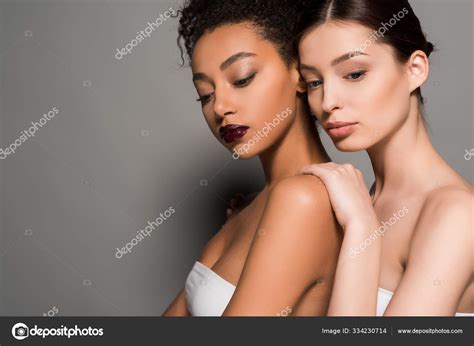 Portrait Attractive Multicultural Girls Perfect Skin Grey Stock Photo IgorVetushko