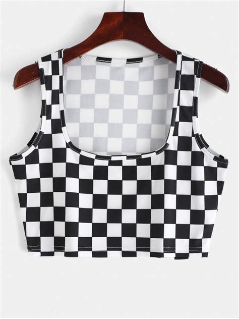 12 Off 2021 Zaful Checkered Crop Tank Top In Black Zaful