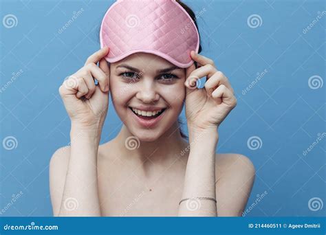 Happy Woman With Pink Sleep Mask On Her Face On Blue Background Stock Image Image Of Exhausted