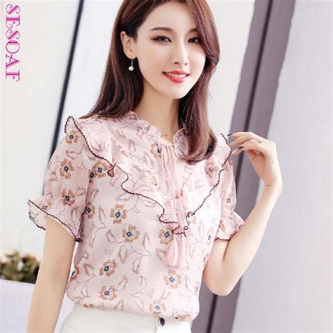 sesoaf korean fashion clothing pink chiffon blouse summer tops for women 2018 new flare sleeve