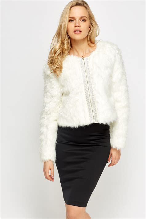 Encrusted Front Faux Fur Cropped Jacket Just 6