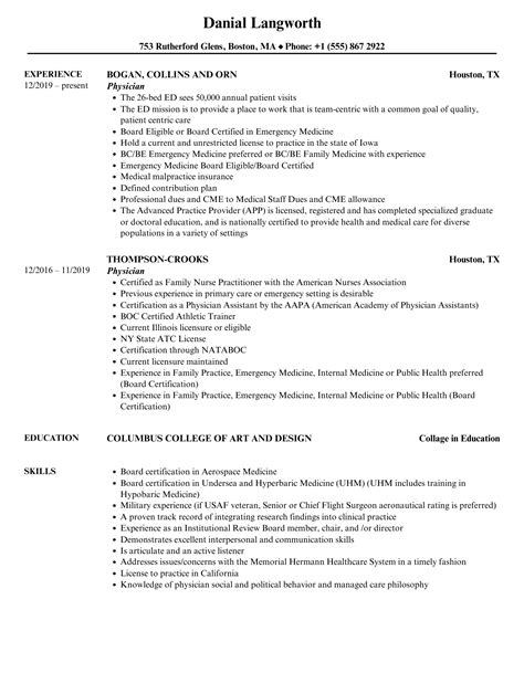 Physician Resume Samples Velvet Jobs