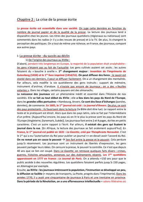 Chapitre 2 La crise de la presse écrite Assas Introduction aux