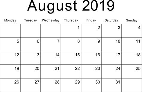 August 2019 Calendar With Holidays Calendar Printable