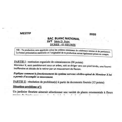 SUJET ET CORRIGE BAC BLANC NATIONAL 2020 SVT SERIE D