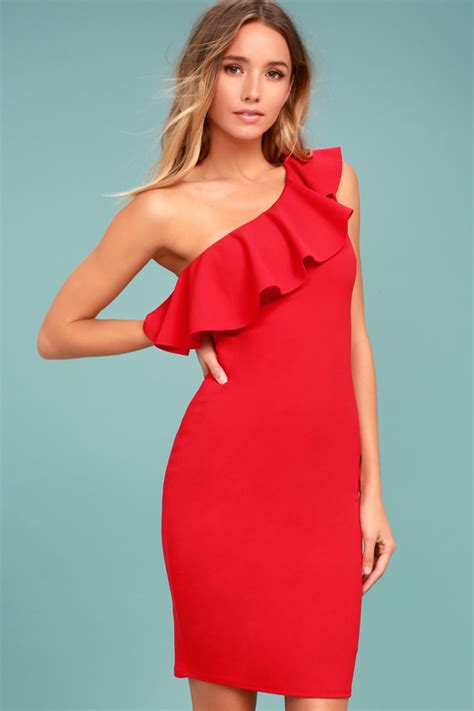 Cute Red Dress One Shoulder Dress Bodycon Dress 46 00 Lulus