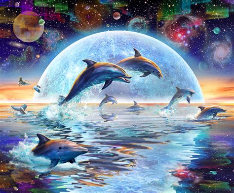 Dolphins By Moonlight Wall Mural And Dolphins By Moonlight Wallpaper