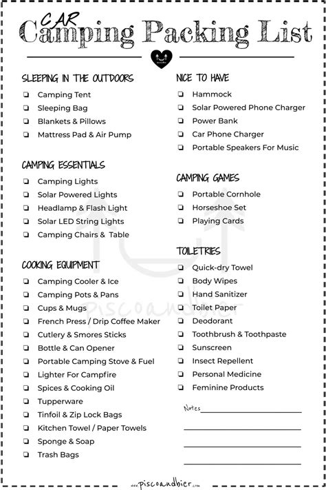 Car Camping Checklist Printable